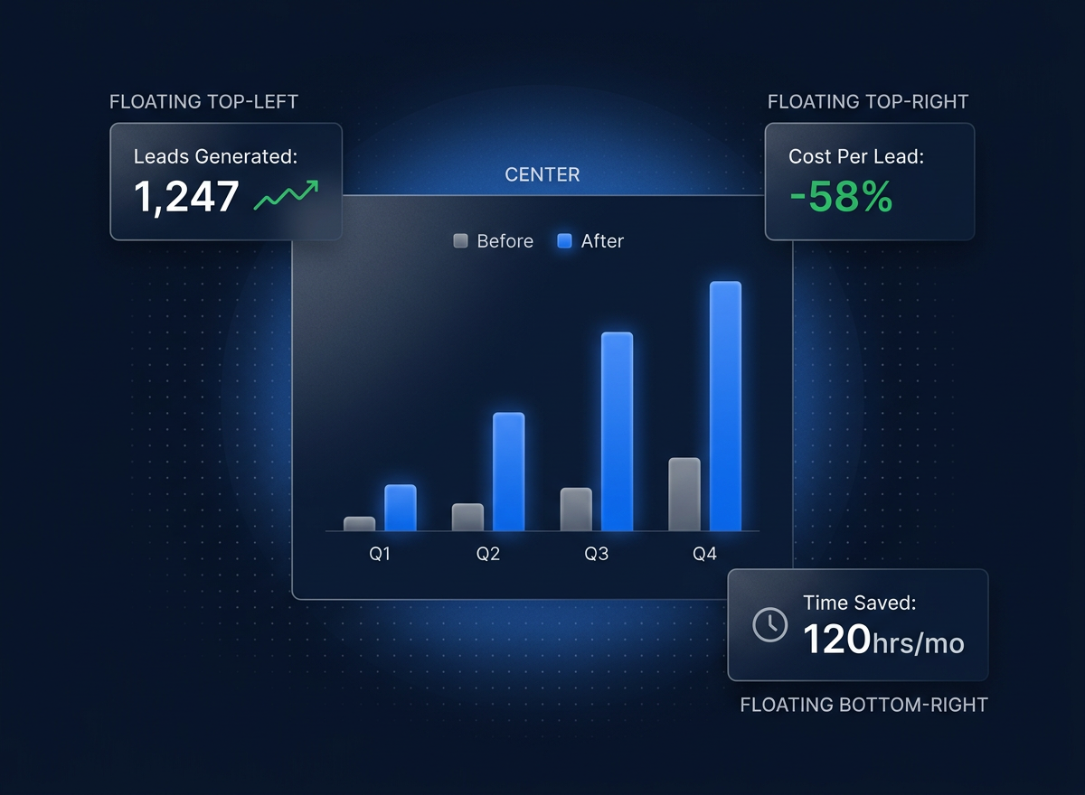 Growth dashboard showing 10x pipeline increase with lead generation and cost metrics